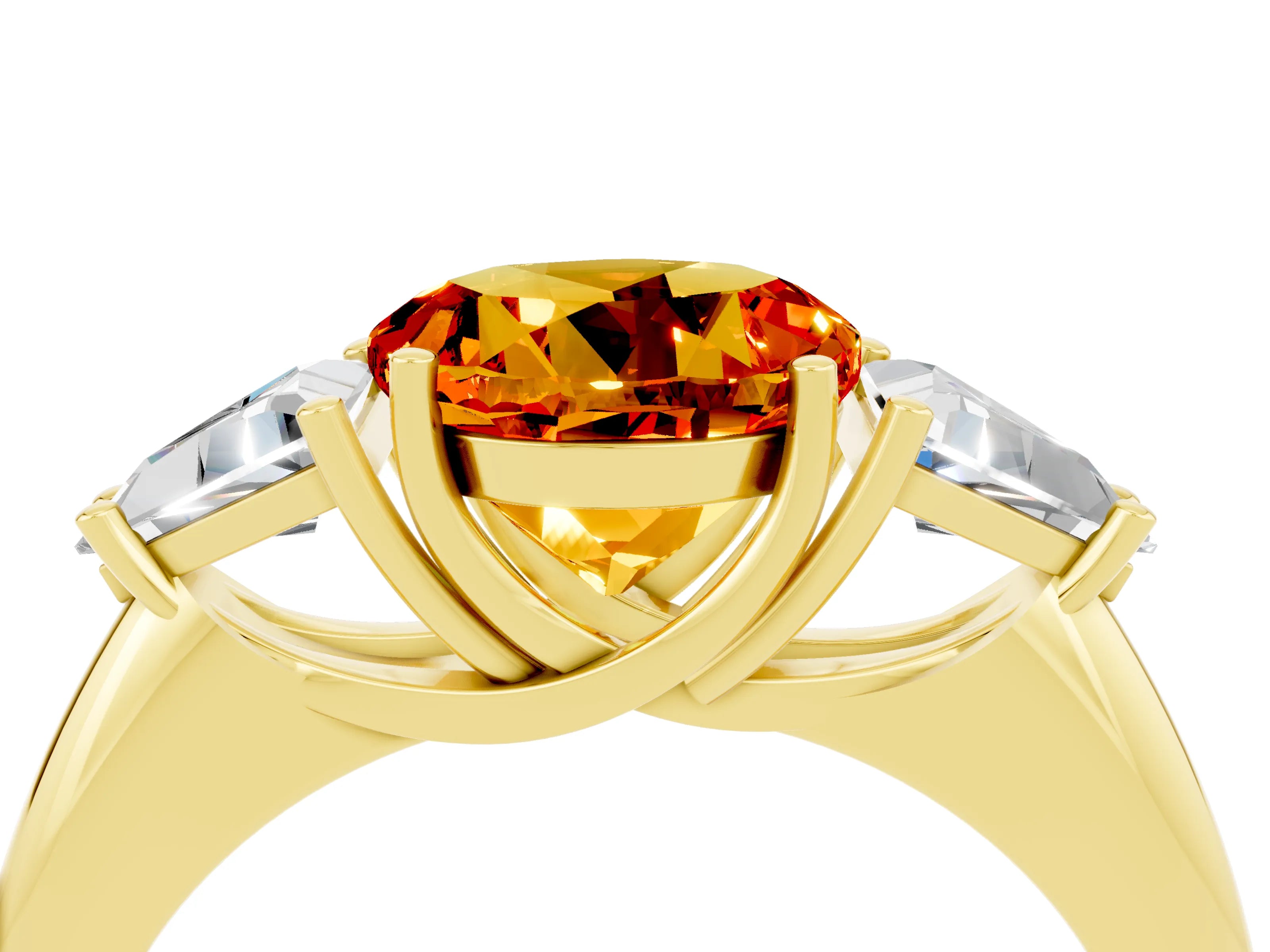 Yellow gold Three-Stone Round Cut Cut Diamond Ring with Trillion Side Stones and Four-Prong Setting_4