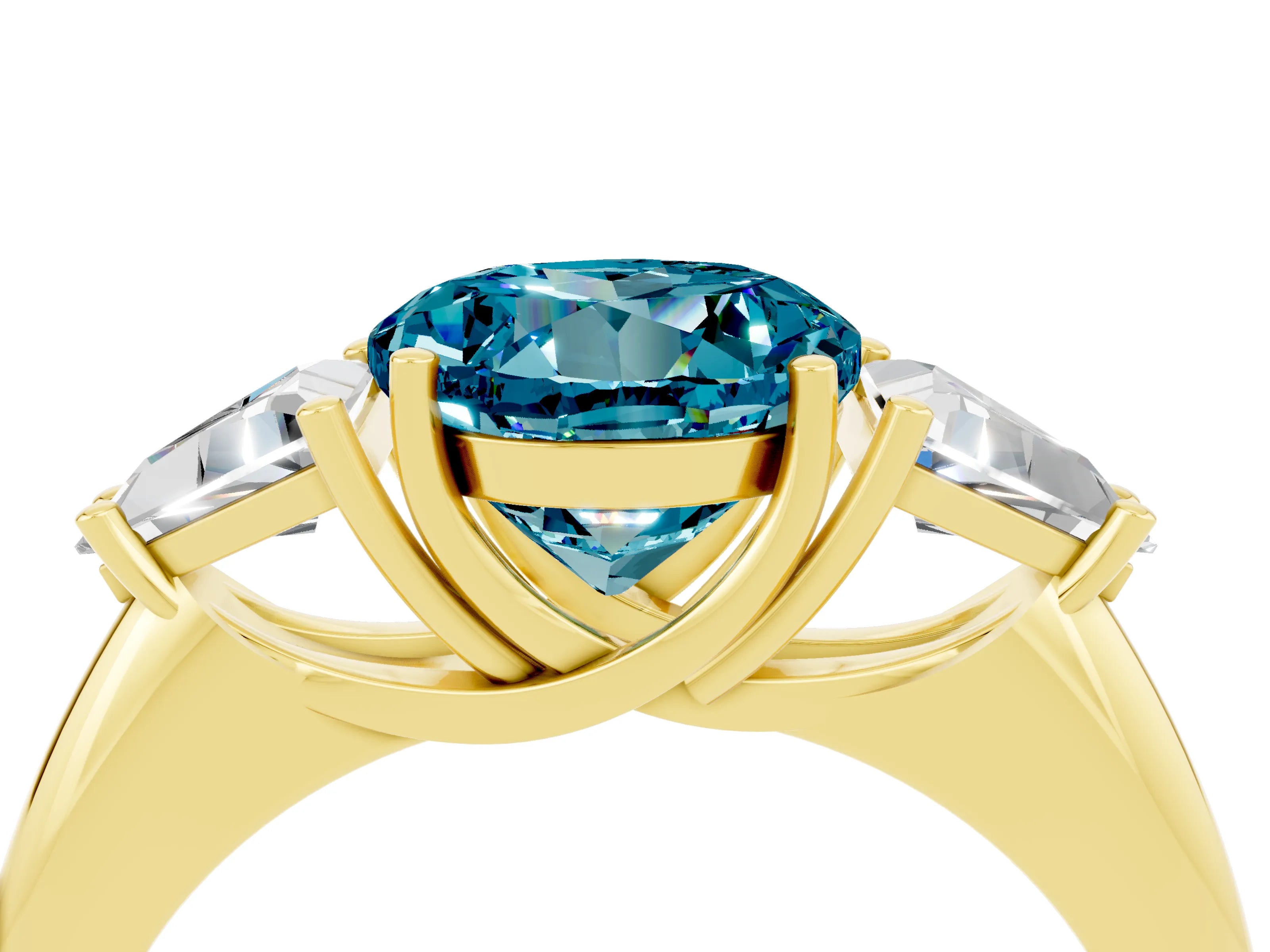 Yellow gold Three-Stone Round Cut Cut Diamond Ring with Trillion Side Stones and Four-Prong Setting_4