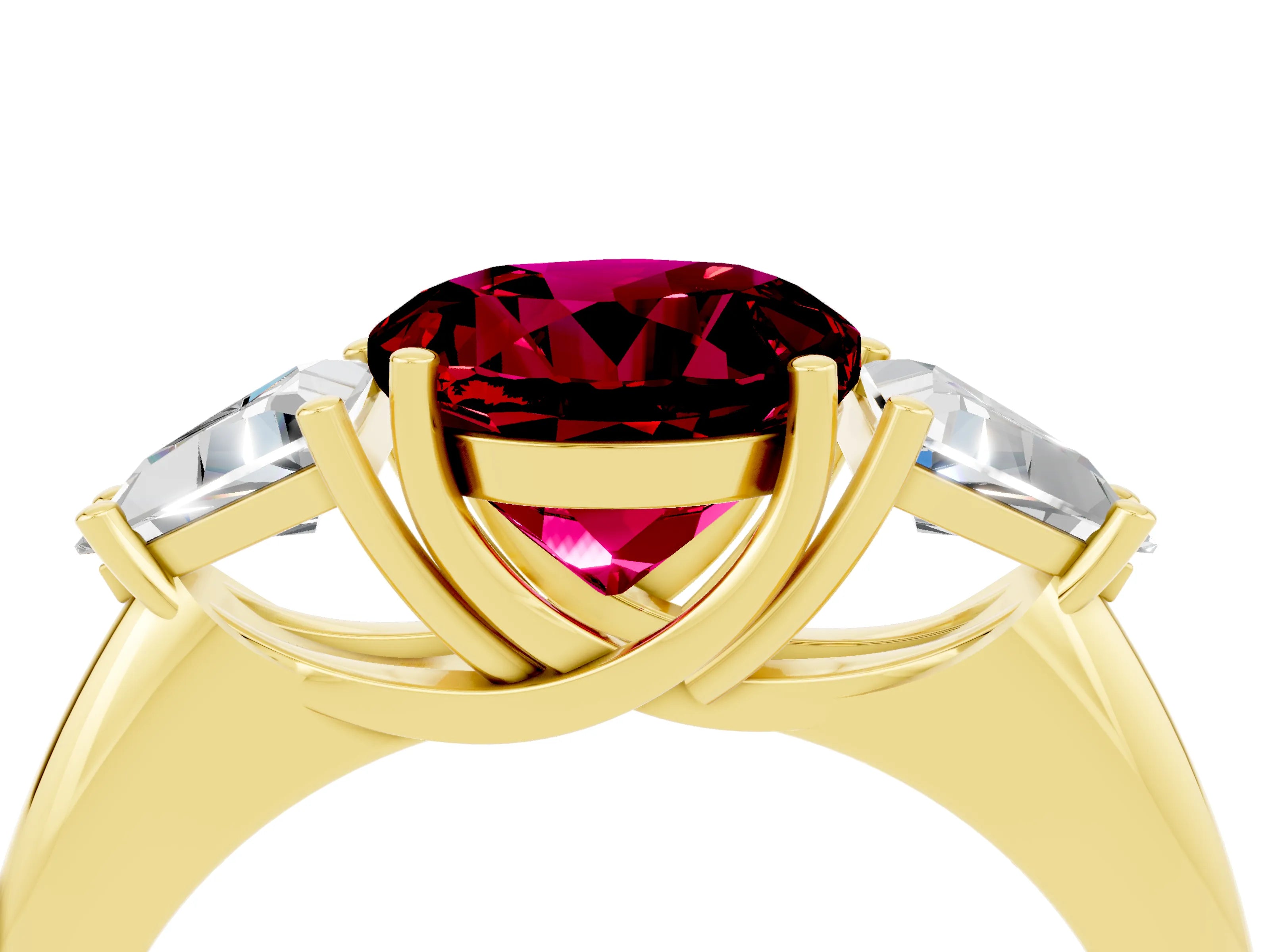 Yellow gold Three-Stone Round Cut Cut Diamond Ring with Trillion Side Stones and Four-Prong Setting_4