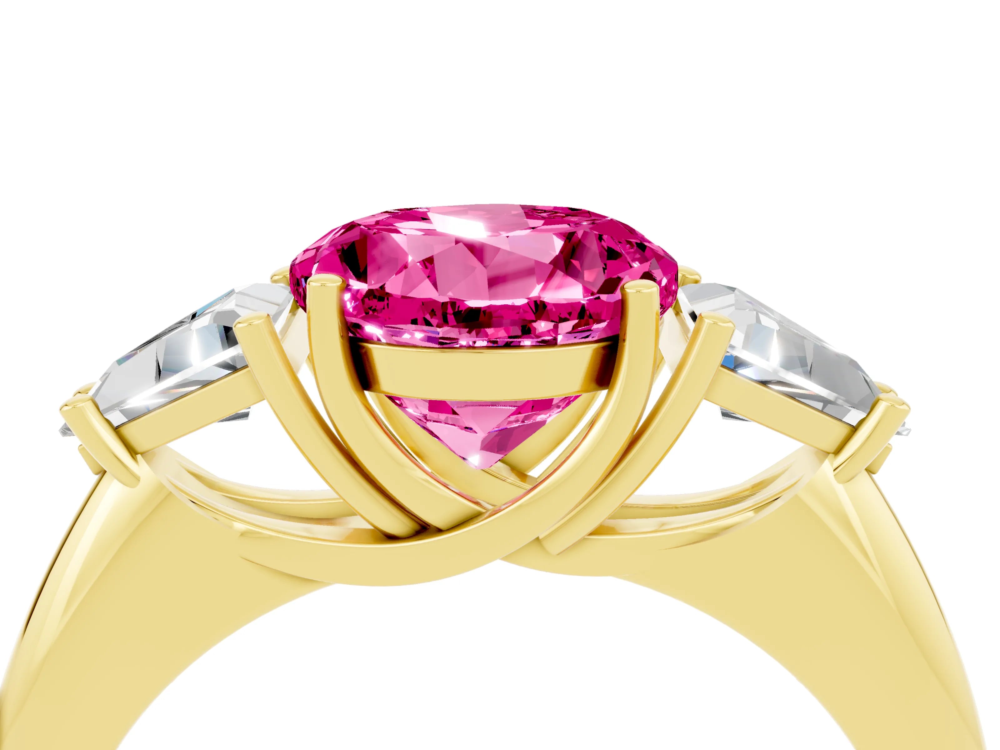 Yellow gold Three-Stone Round Cut Cut Diamond Ring with Trillion Side Stones and Four-Prong Setting_4
