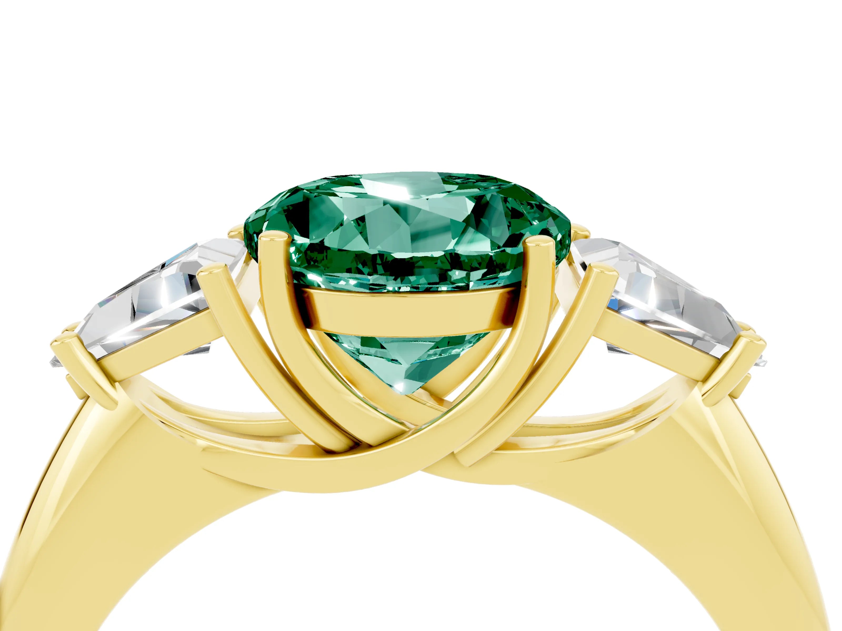 Yellow gold Three-Stone Round Cut Cut Diamond Ring with Trillion Side Stones and Four-Prong Setting_4