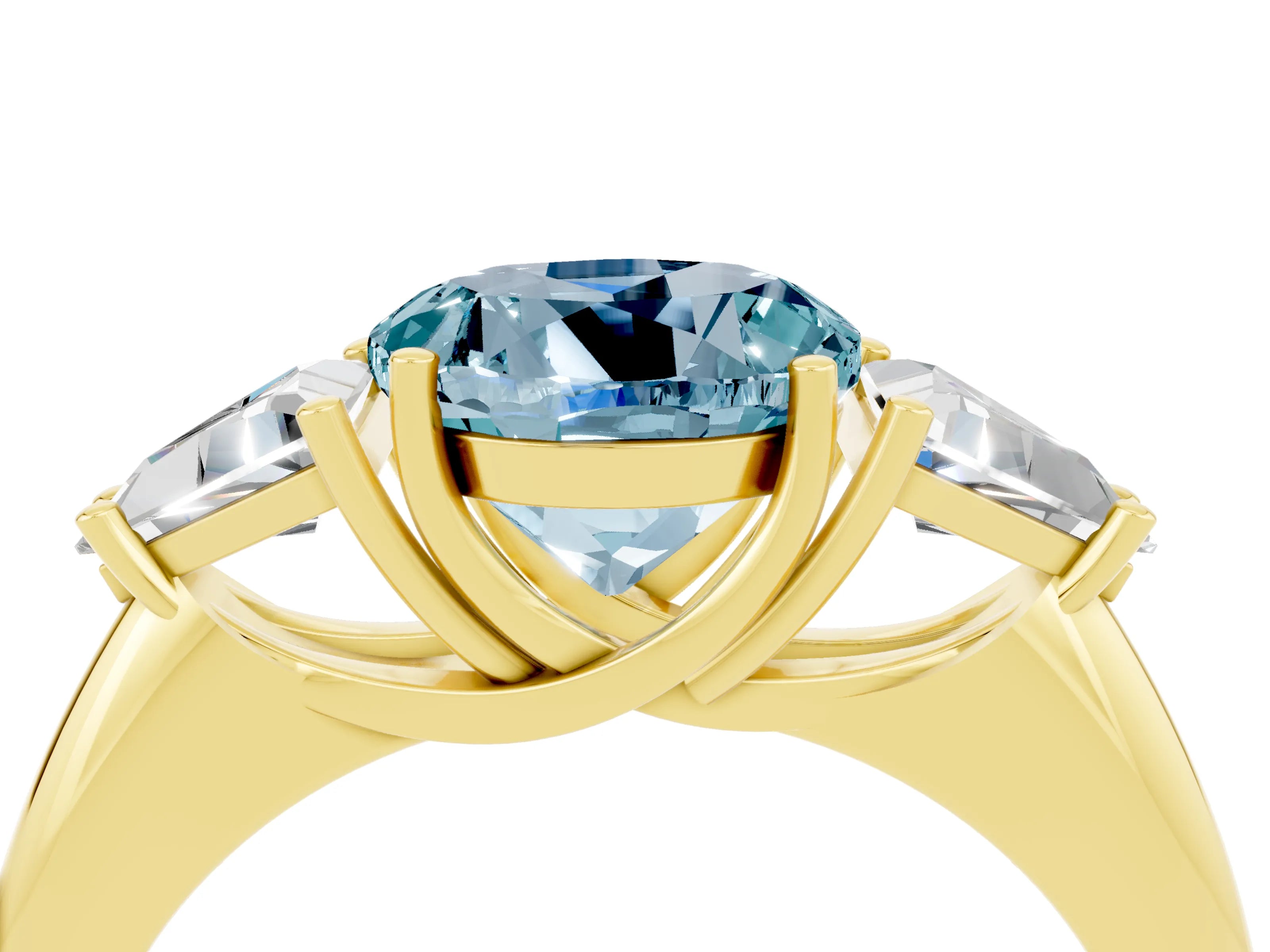 Yellow gold Three-Stone Round Cut Cut Diamond Ring with Trillion Side Stones and Four-Prong Setting_4