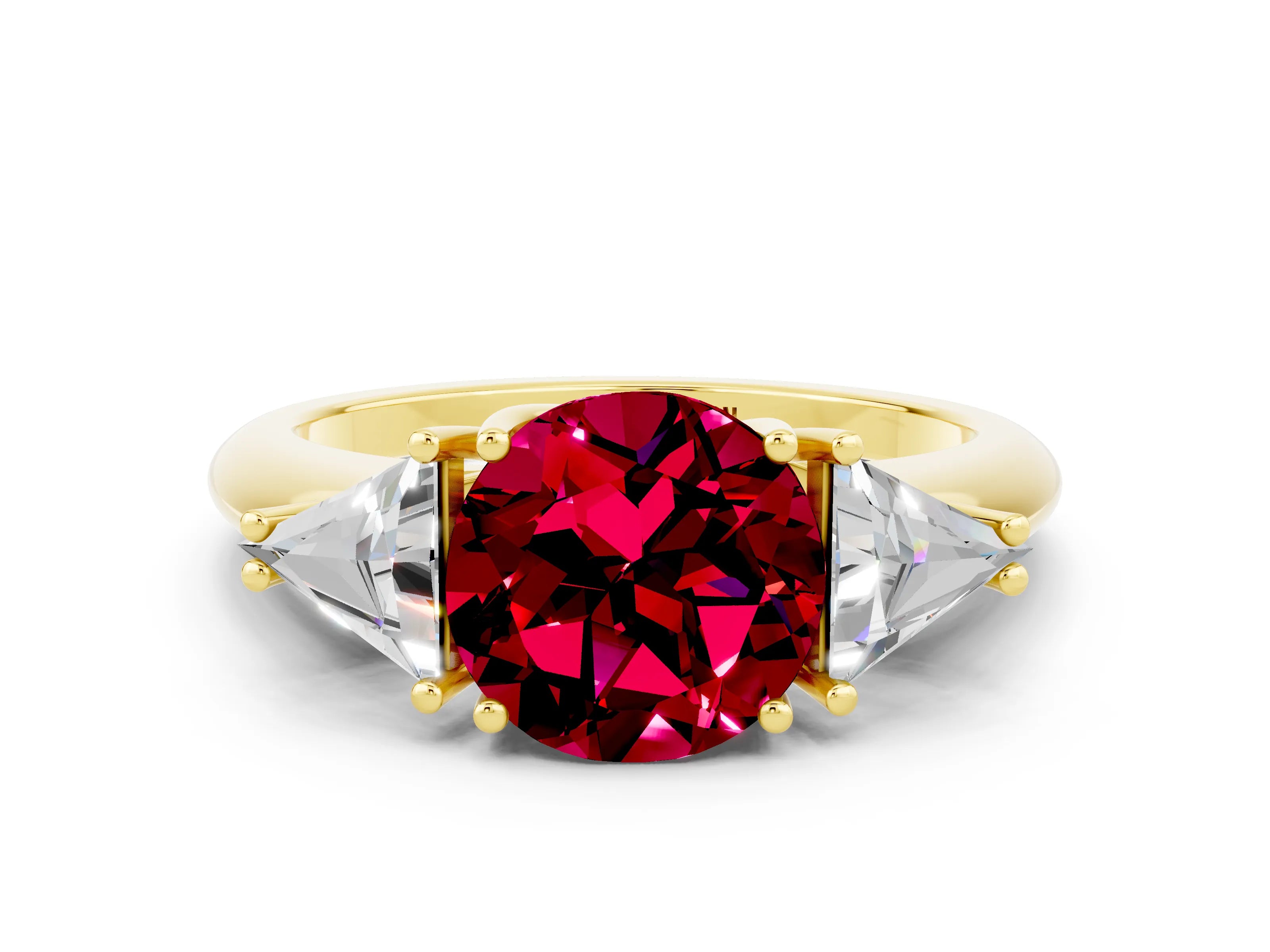 Yellow gold Three-Stone Round Cut Cut Diamond Ring with Trillion Side Stones and Four-Prong Setting