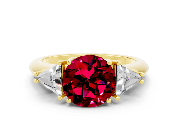 Yellow gold Three-Stone Round Cut Garnet Engagement Ring with Trillion Side Stones and Prong Setting