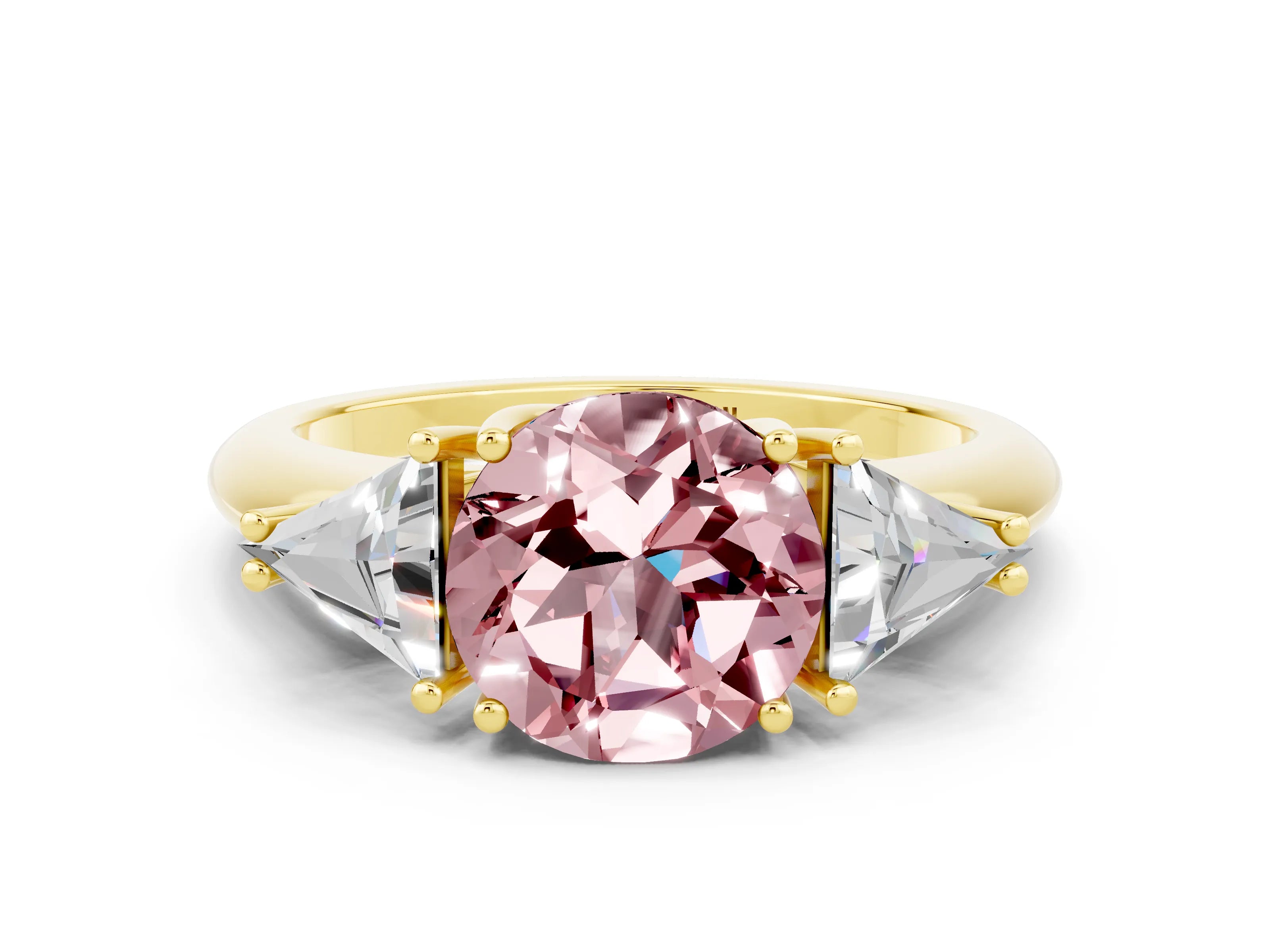 Yellow gold Three-Stone Round Cut Cut Diamond Ring with Trillion Side Stones and Four-Prong Setting