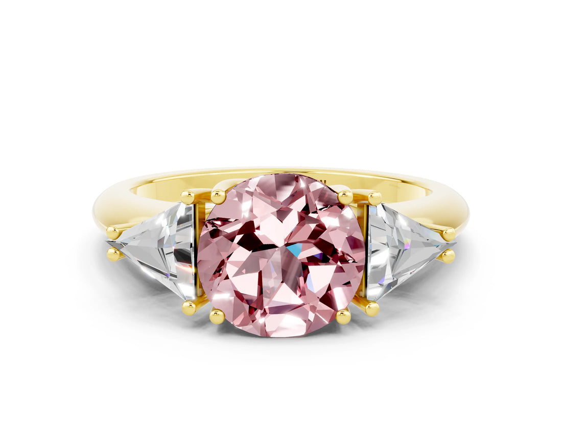 Yellow gold Three-Stone Round Cut Cut Diamond Ring with Trillion Side Stones and Four-Prong Setting