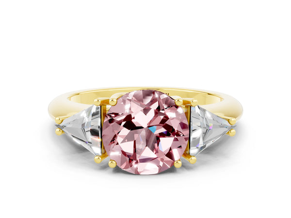 Yellow gold Three-Stone Round Cut Cut Diamond Ring with Trillion Side Stones and Four-Prong Setting