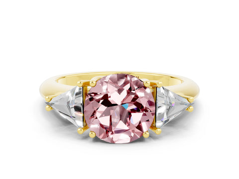 Yellow gold Three-Stone Round Cut Cut Diamond Ring with Trillion Side Stones and Four-Prong Setting