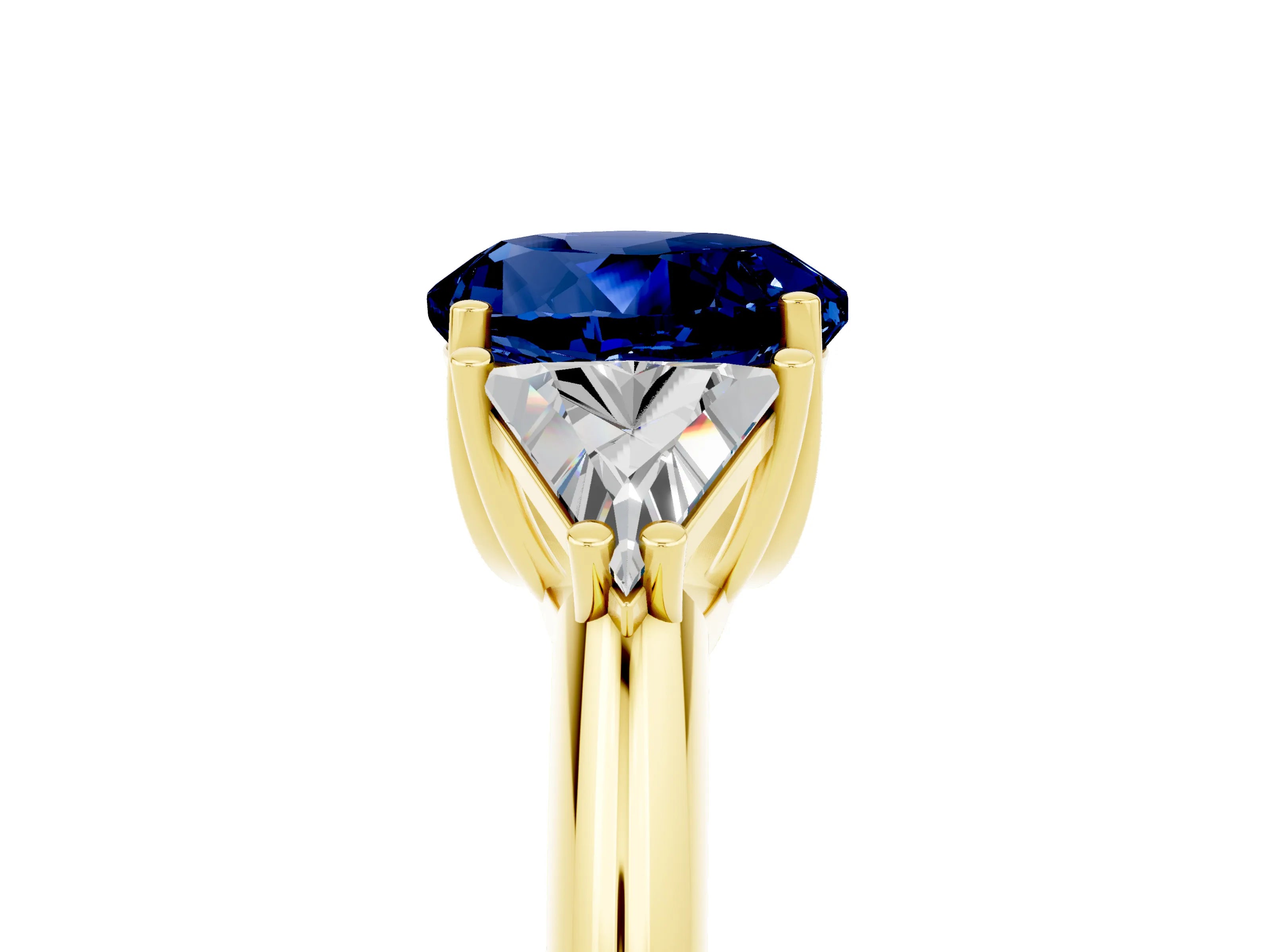 Yellow gold Three-Stone Round Cut Cut Diamond Ring with Trillion Side Stones and Four-Prong Setting_5