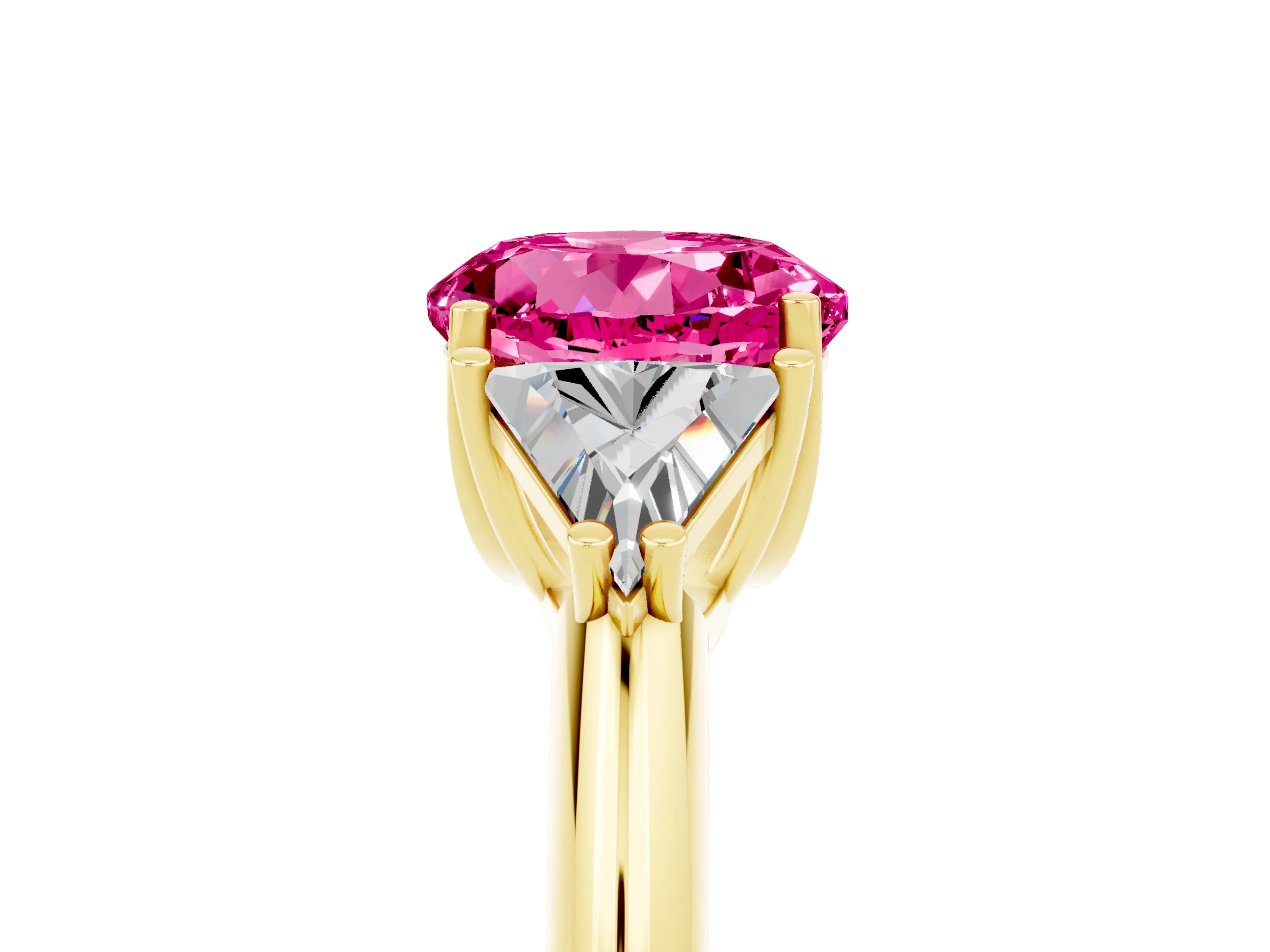 Yellow gold Three-Stone Round Cut Cut Diamond Ring with Trillion Side Stones and Four-Prong Setting_5