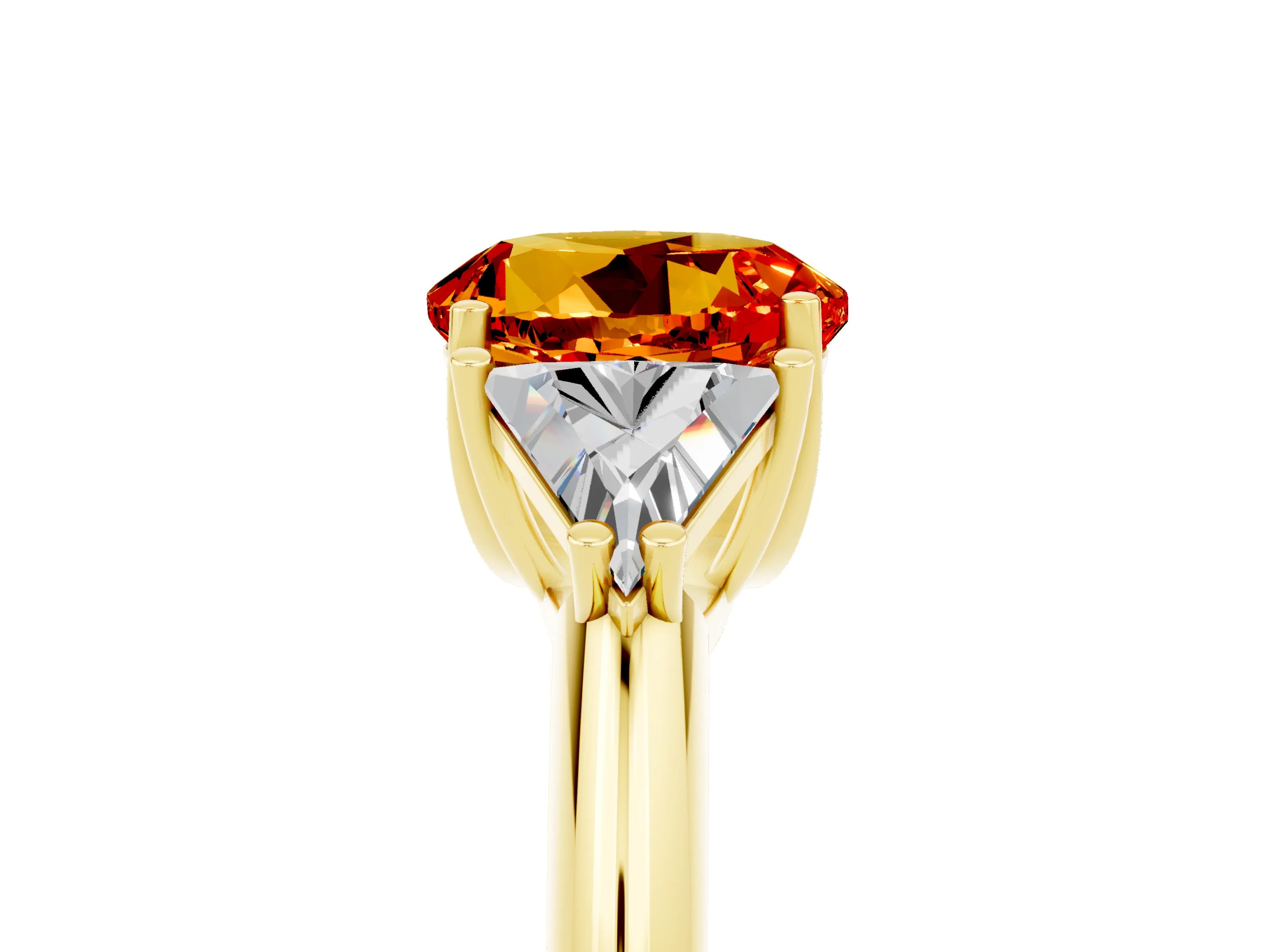 Yellow gold Three-Stone Round Cut Cut Diamond Ring with Trillion Side Stones and Four-Prong Setting_5