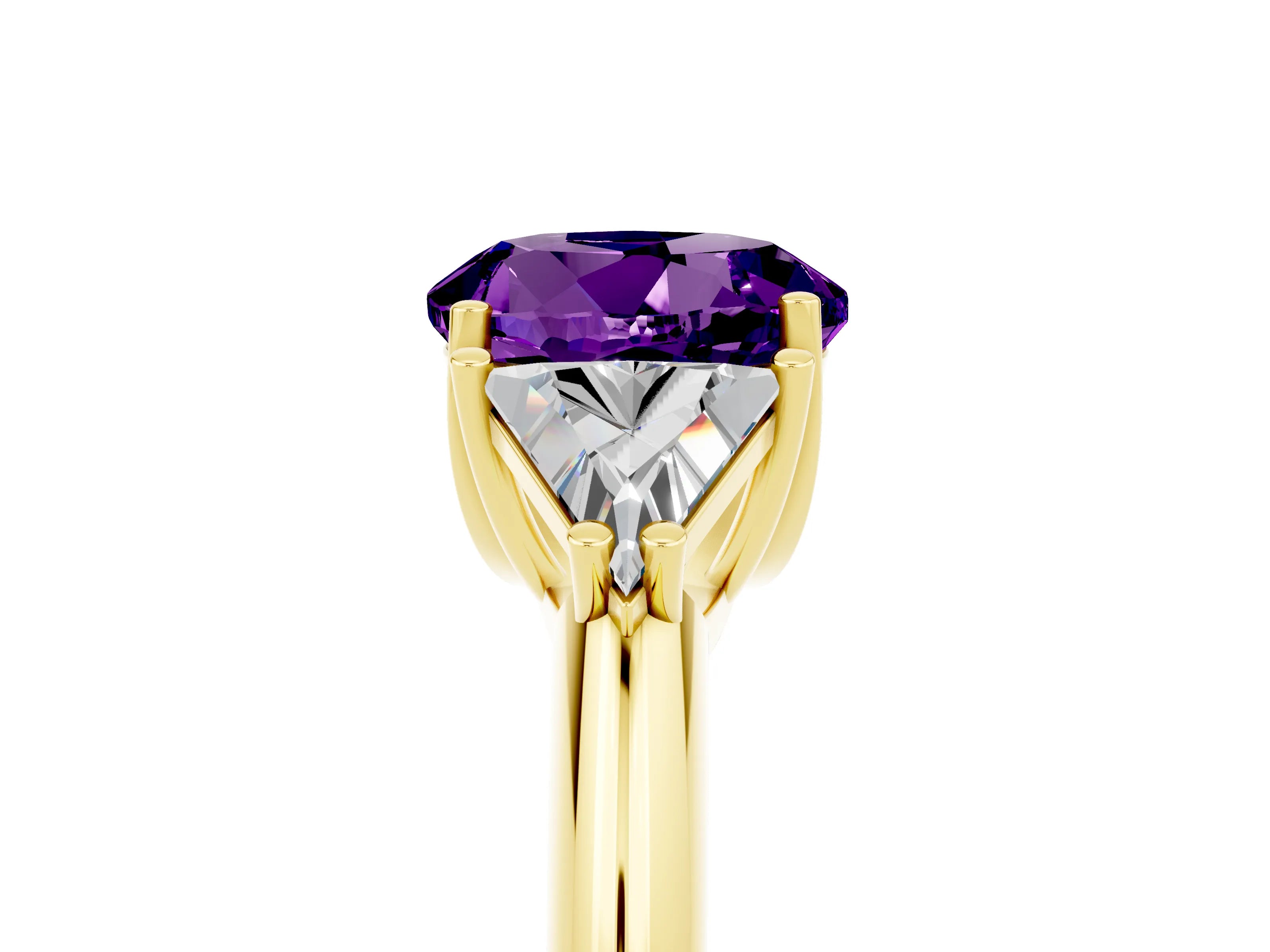 Yellow gold Three-Stone Round Cut Cut Diamond Ring with Trillion Side Stones and Four-Prong Setting_5