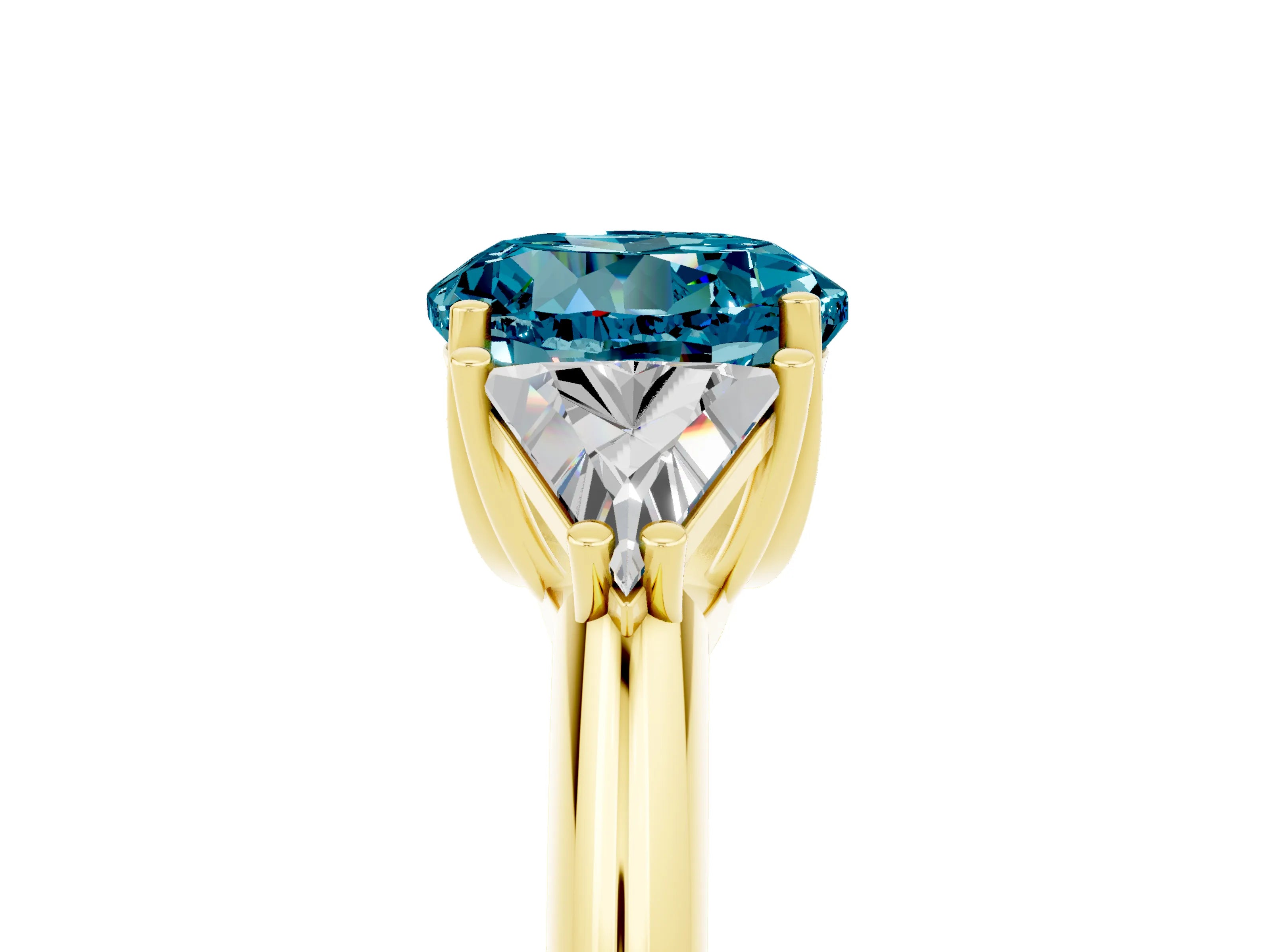 Yellow gold Three-Stone Round Cut Cut Diamond Ring with Trillion Side Stones and Four-Prong Setting_5