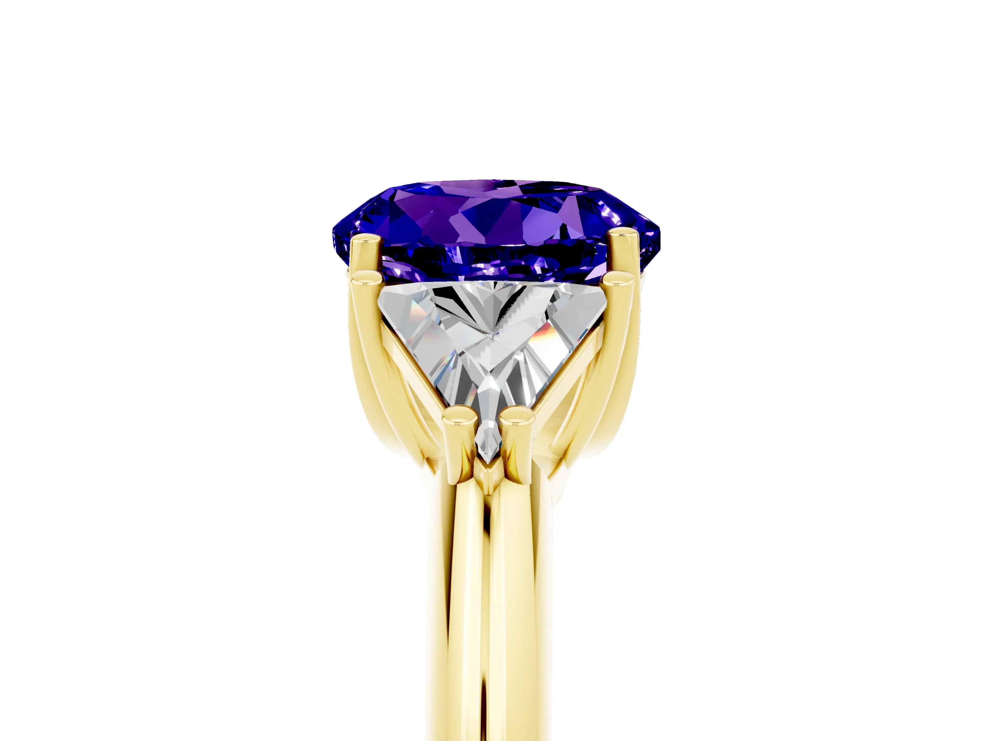 Yellow gold Three-Stone Round Cut Cut Diamond Ring with Trillion Side Stones and Four-Prong Setting_5