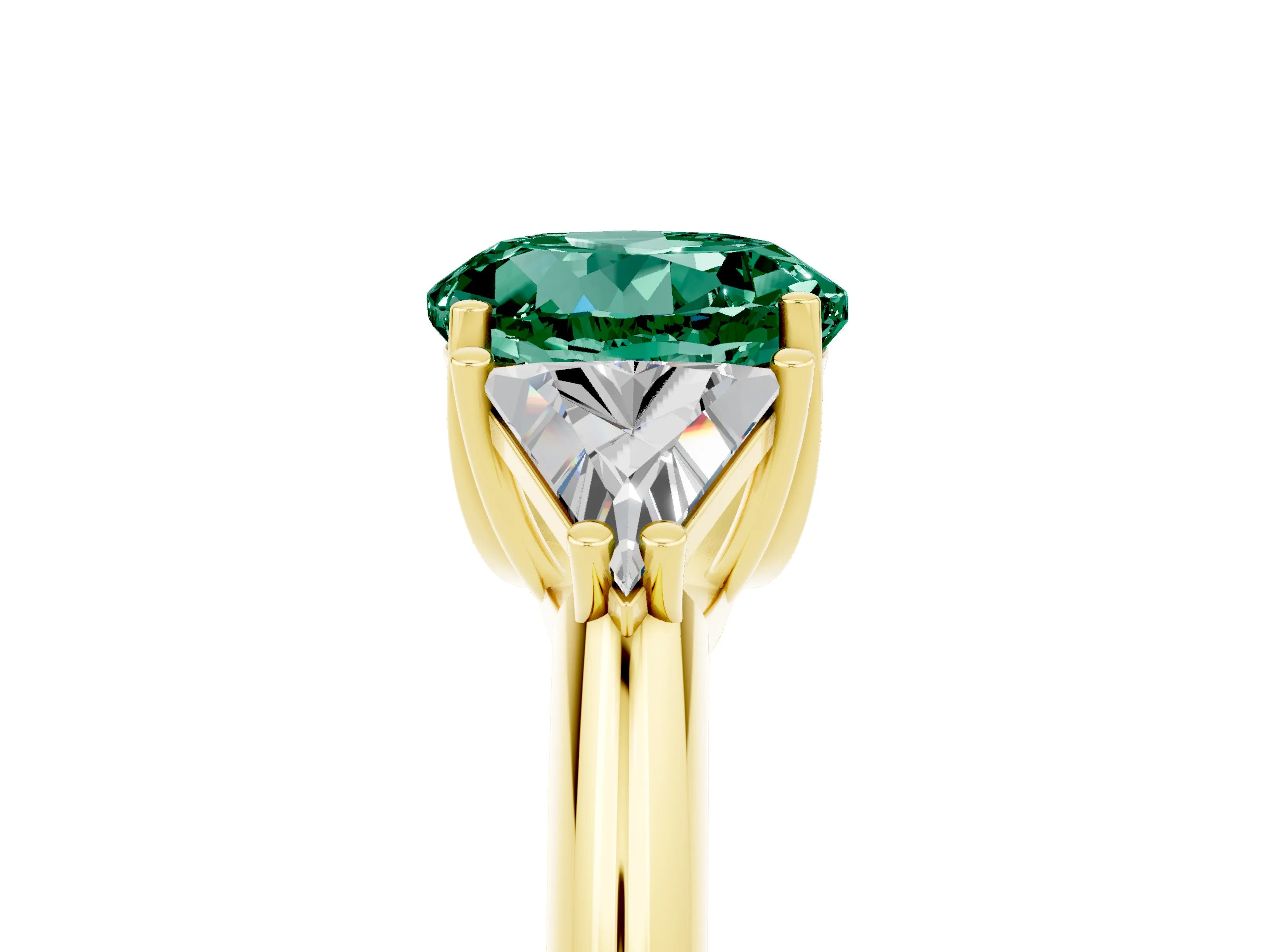 Yellow gold Three-Stone Round Cut Cut Diamond Ring with Trillion Side Stones and Four-Prong Setting_5