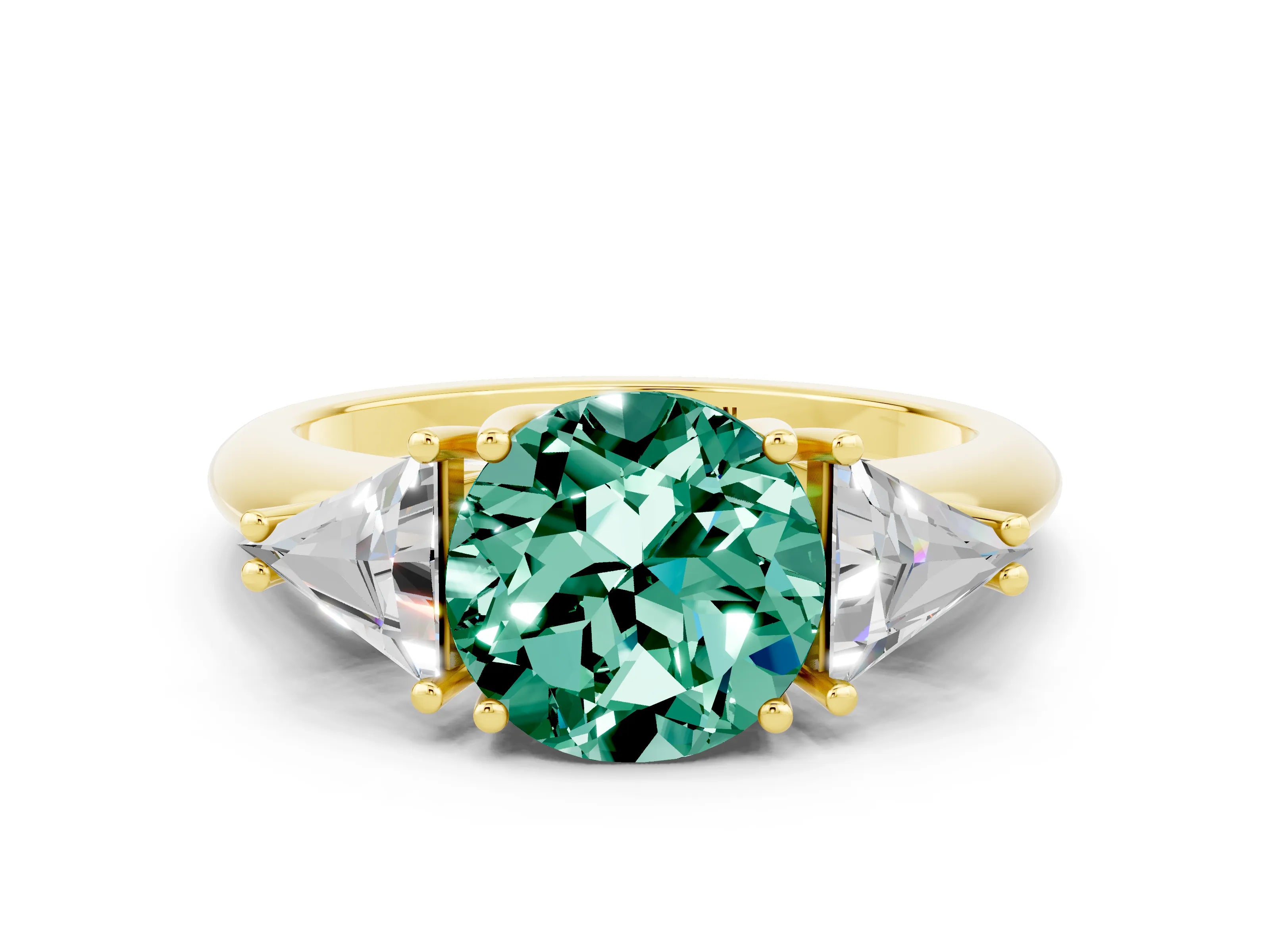 Yellow gold Three-Stone Round Cut Cut Diamond Ring with Trillion Side Stones and Four-Prong Setting