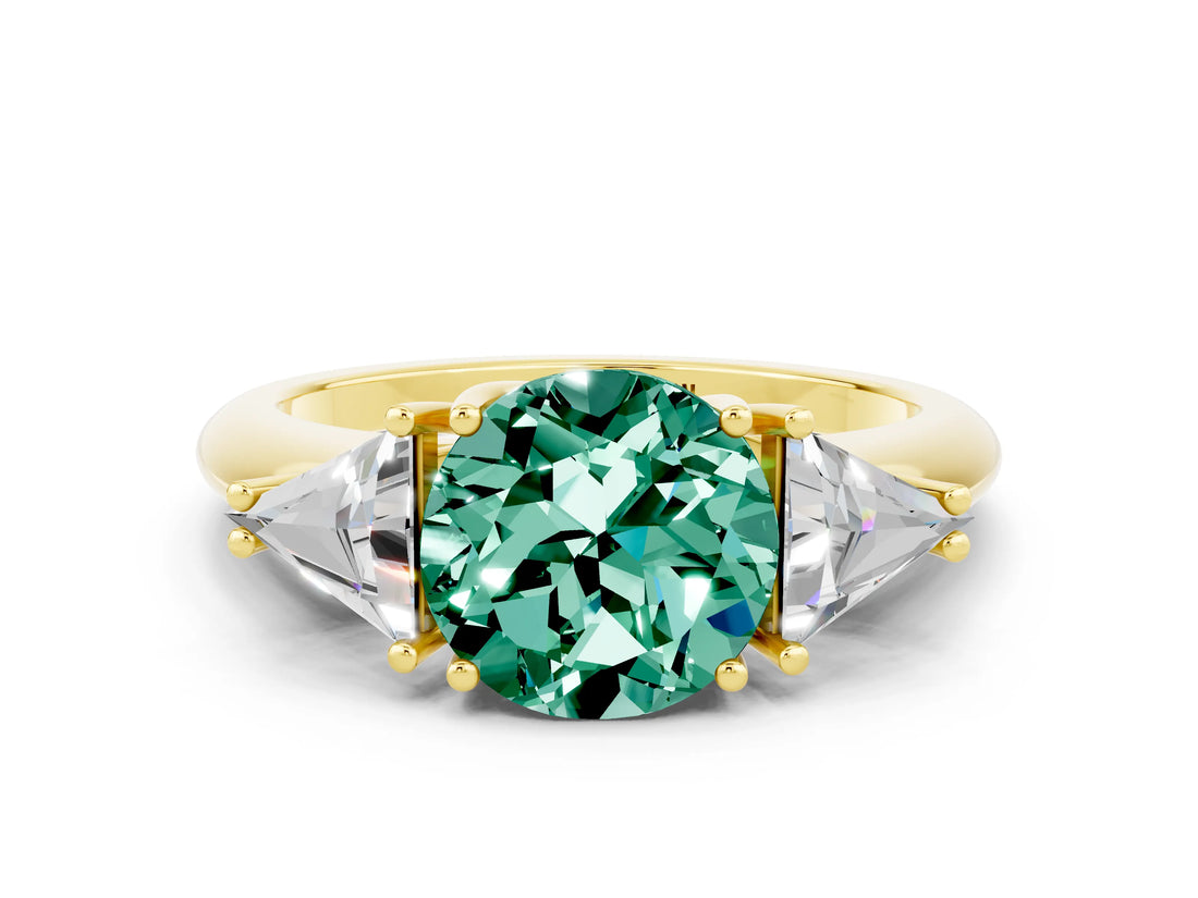 Yellow gold Three-Stone Round Cut Cut Diamond Ring with Trillion Side Stones and Four-Prong Setting