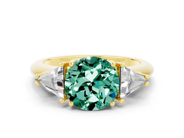 Yellow gold Three-Stone Round Cut Green Sapphire Engagement Ring with Trillion Side Stones and Prong Setting