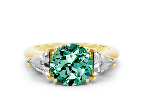 Yellow gold Three-Stone Round Cut Cut Diamond Ring with Trillion Side Stones and Four-Prong Setting