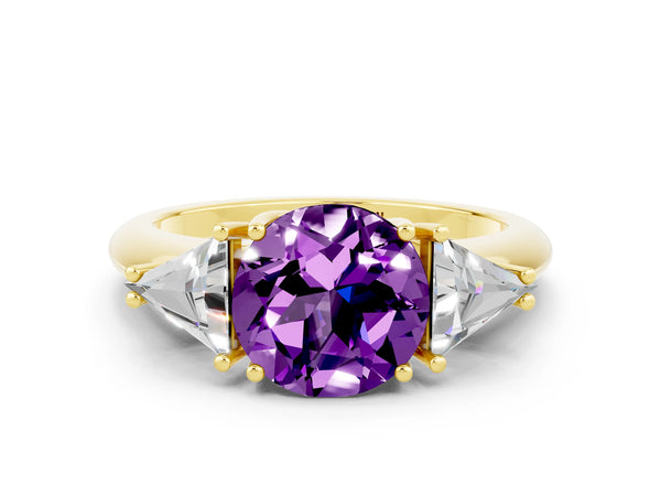 Yellow gold Three-Stone Round Cut Amethyst Engagement Ring with Trillion Side Stones and Prong Setting