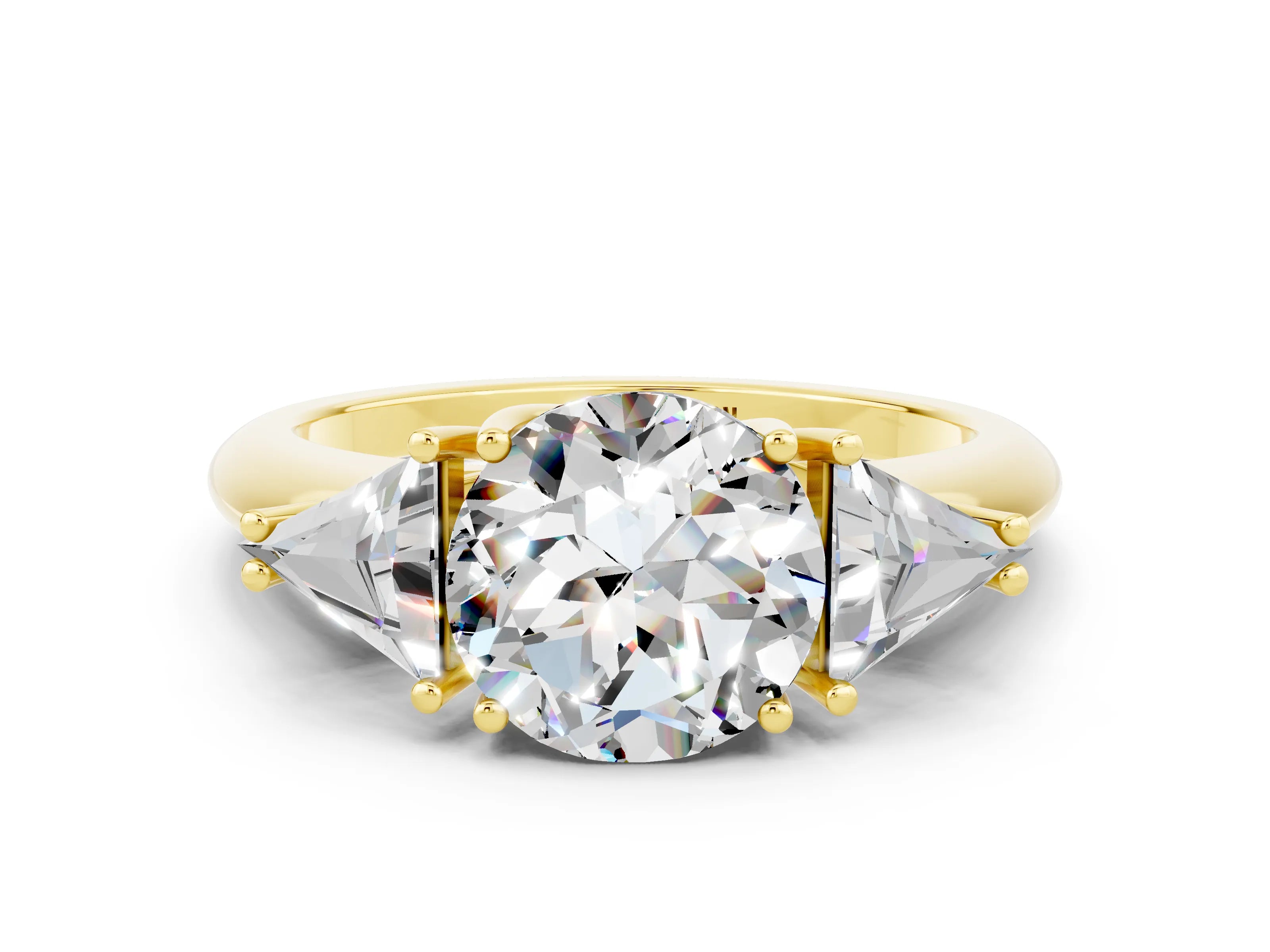 Yellow gold Three-Stone Round Cut Cut Diamond Ring with Trillion Side Stones and Four-Prong Setting