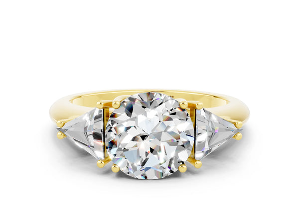Yellow gold Three-Stone Round Cut Moissanite Engagement Ring with Trillion Side Stones and Prong Setting