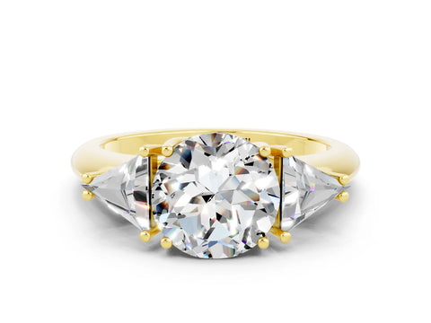 Yellow gold Three-Stone Round Cut Cut Diamond Ring with Trillion Side Stones and Four-Prong Setting