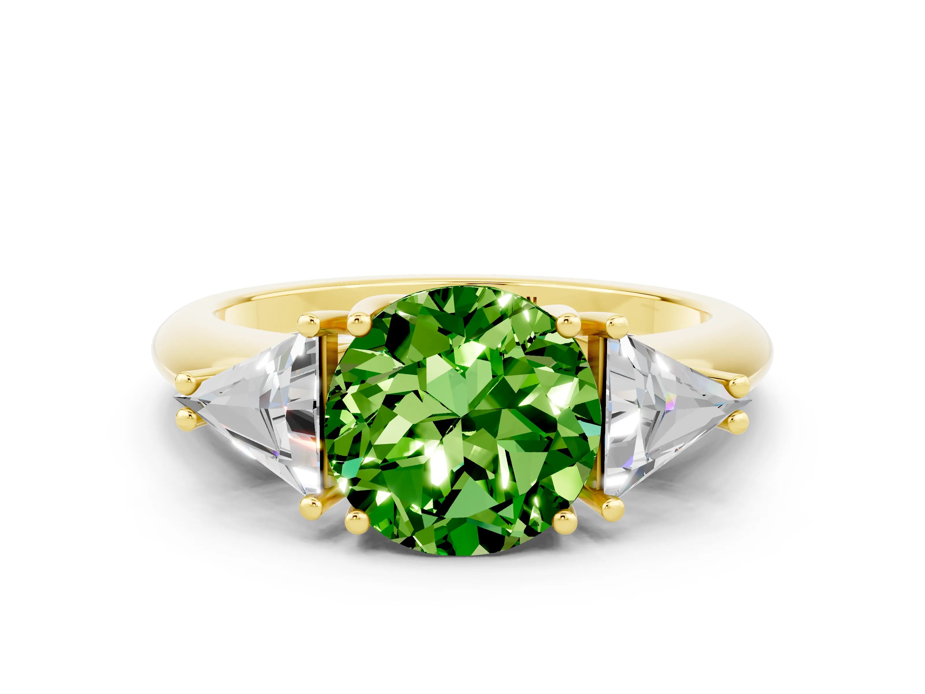 Yellow gold Three-Stone Round Cut Cut Diamond Ring with Trillion Side Stones and Four-Prong Setting
