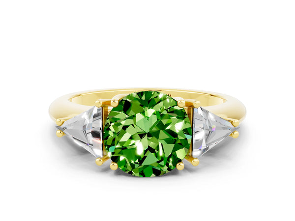 Yellow gold Three-Stone Round Cut Cut Diamond Ring with Trillion Side Stones and Four-Prong Setting
