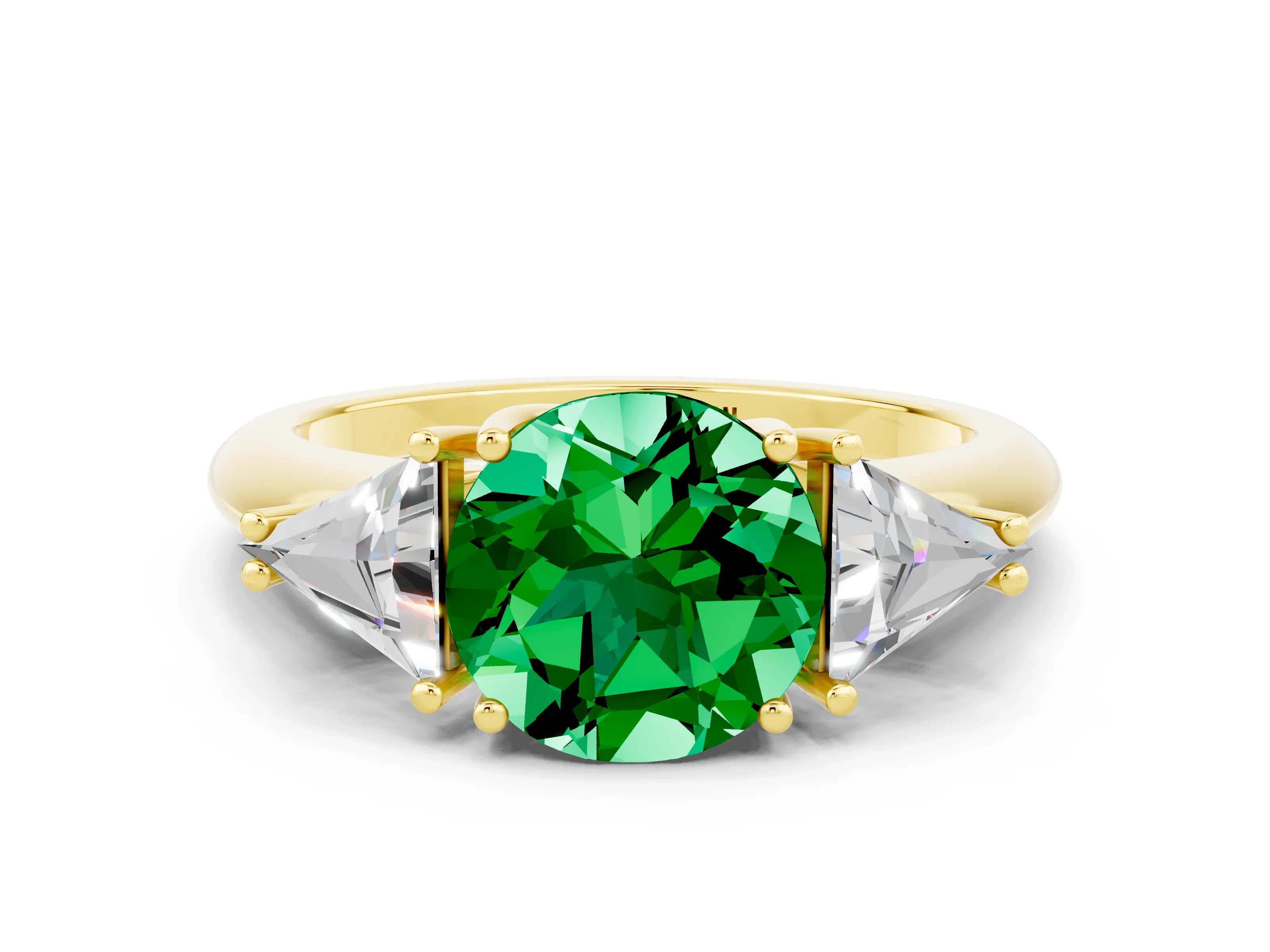 Yellow gold Three-Stone Round Cut Cut Diamond Ring with Trillion Side Stones and Four-Prong Setting