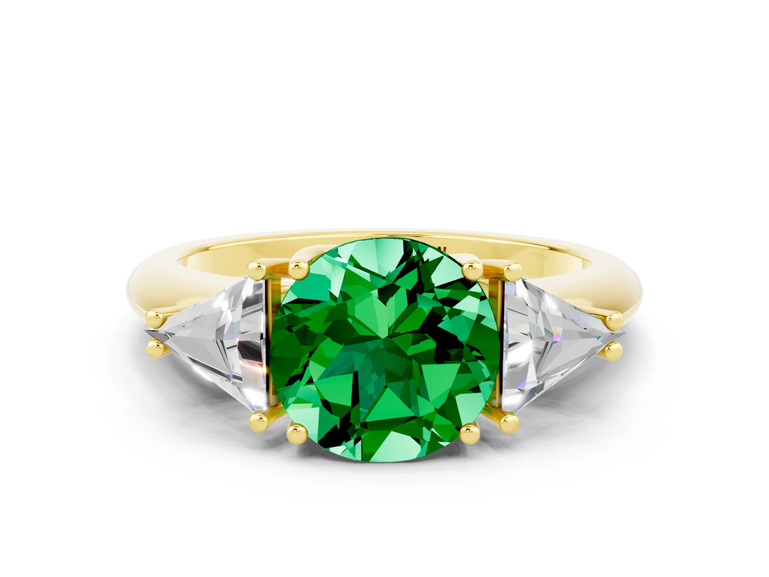Yellow gold Three-Stone Round Cut Cut Diamond Ring with Trillion Side Stones and Four-Prong Setting
