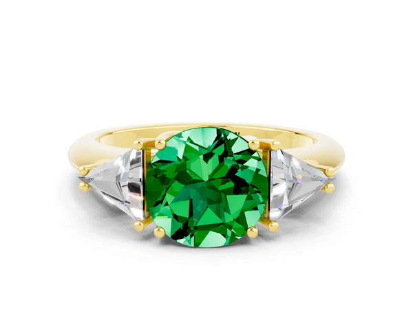 Yellow gold Three-Stone Round Cut Emerald Engagement Ring with Trillion Side Stones and Prong Setting
