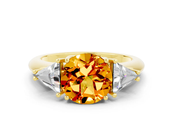 Yellow gold Three-Stone Round Cut Citrine Engagement Ring with Trillion Side Stones and Prong Setting