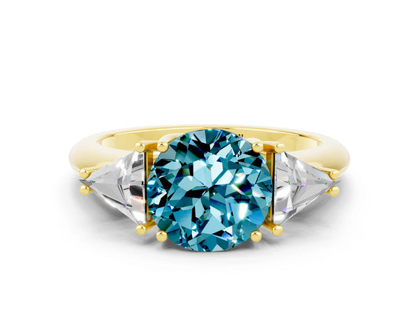 Yellow gold Three-Stone Round Cut Cut Diamond Ring with Trillion Side Stones and Four-Prong Setting