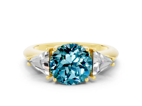 Yellow gold Three-Stone Round Cut Cut Diamond Ring with Trillion Side Stones and Four-Prong Setting