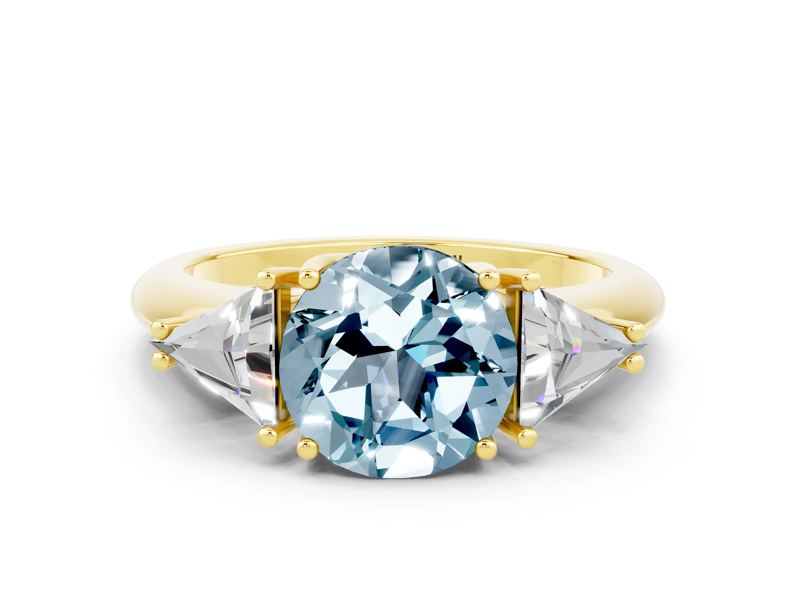 Yellow gold Three-Stone Round Cut Cut Diamond Ring with Trillion Side Stones and Four-Prong Setting