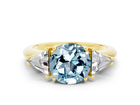 Yellow gold Three-Stone Round Cut Cut Diamond Ring with Trillion Side Stones and Four-Prong Setting