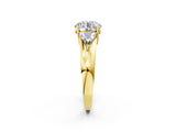 Yellow gold Three-Stone Round Cut Cut Diamond Ring with Trillion Side Stones on a Split Shank Band_11