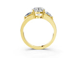 Yellow gold Three-Stone Round Cut Cut Diamond Ring with Trillion Side Stones on a Split Shank Band_12