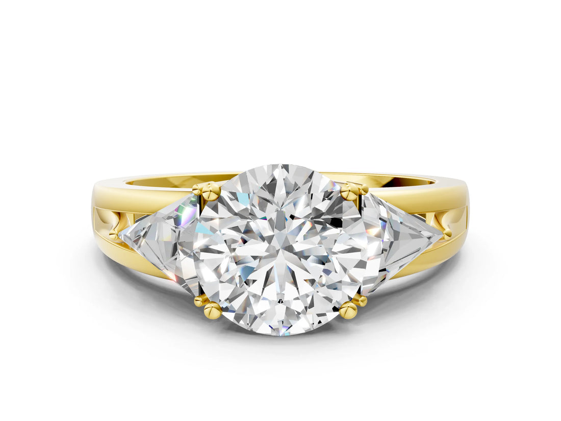 Yellow gold Three-Stone Round Cut Cut Diamond Ring with Trillion Side Stones on a Split Shank Band_9