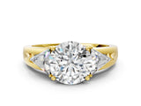 Yellow gold Three-Stone Round Cut Cut Diamond Ring with Trillion Side Stones on a Split Shank Band_9