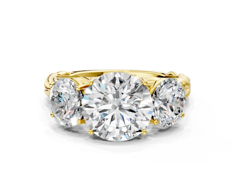 Yellow gold Three-Stone Round Cut Diamond Braided Band Ring with Four-Prong Setting