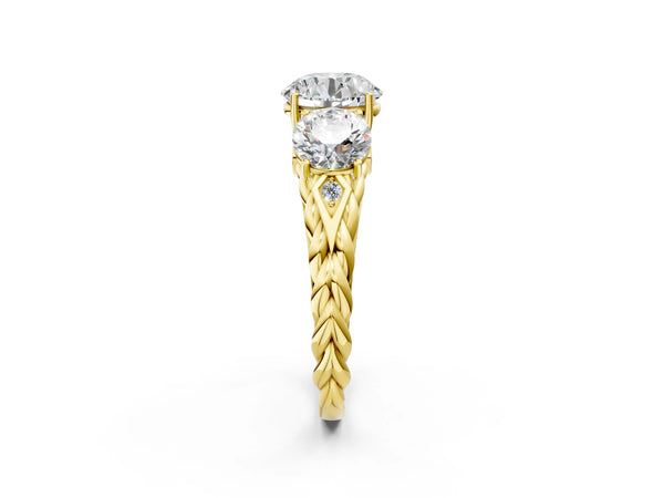 Yellow gold Three-Stone Round Cut Diamond Braided Band Ring with Four-Prong Setting