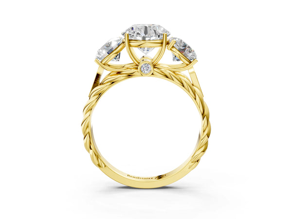 Yellow gold Three-Stone Round Cut Diamond Braided Band Ring with Four-Prong Setting