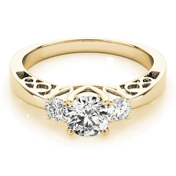 Yellow gold Three-Stone Round Cut Diamond Cathedral Engagement Ring with Prong Setting