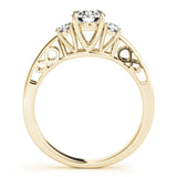 Yellow gold Three-Stone Round Cut Diamond Cathedral Engagement Ring with Prong Setting 2