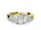 Yellow gold Three-Stone Round Cut Diamond Cathedral Engagement Ring with Prong Setting_14