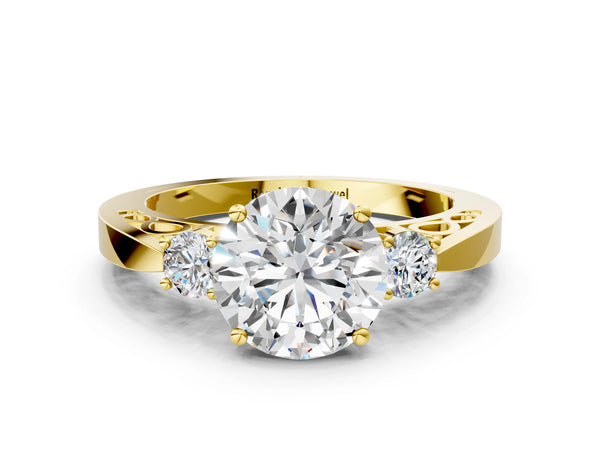 Yellow gold Three-Stone Round Cut Diamond Cathedral Engagement Ring with Prong Setting
