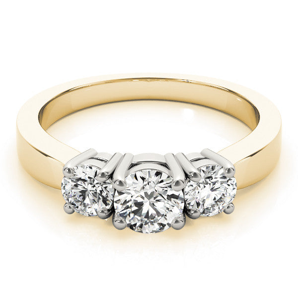 Yellow gold Three-Stone Round Cut Diamond Engagement Ring with Flat Band and Four-Prong Setting 1