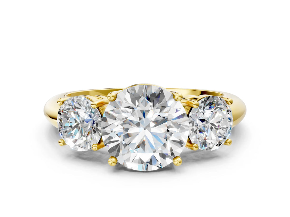Yellow gold Three-Stone Round Cut Diamond Engagement Ring with Prong Setting on a White Gold Band_30